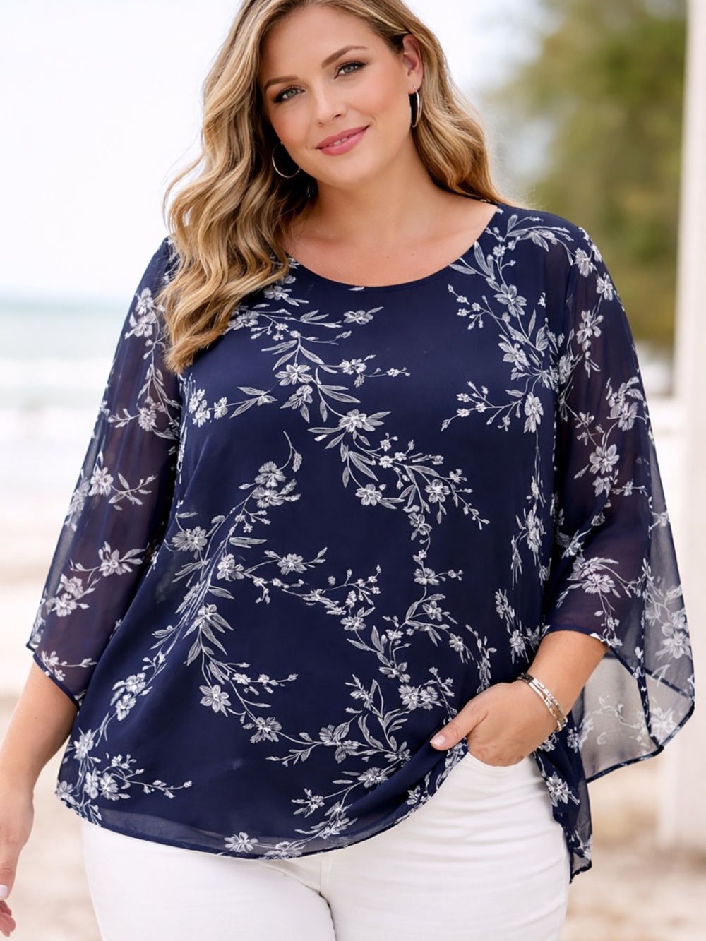 Floral Navy Blouse 2XL Sheer Sleeve Boho Flowy Lightweight Plus Size